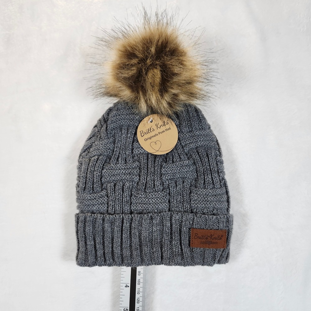 Britt's Knits Grey Ribbed Knit Pom Pom‎ Beanie Hat